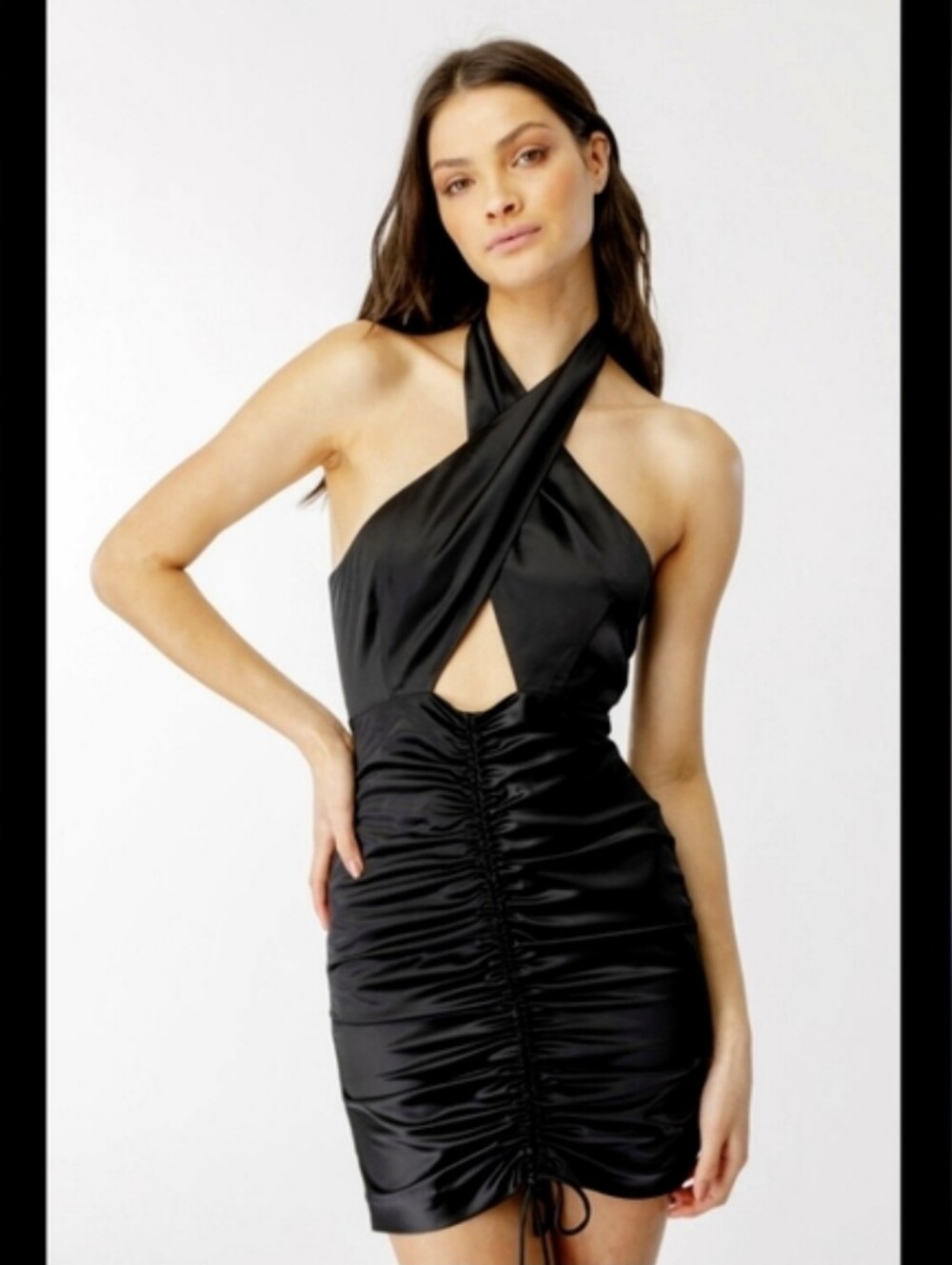 Bardot Black Satin Halter Ruched Mini Dress